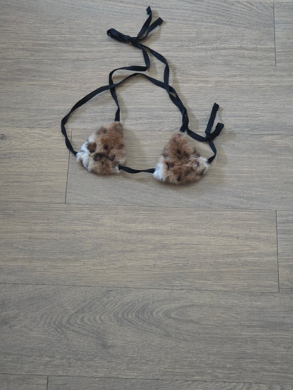 Faux Fur Triangle Bralette with Tie Straps - Brown